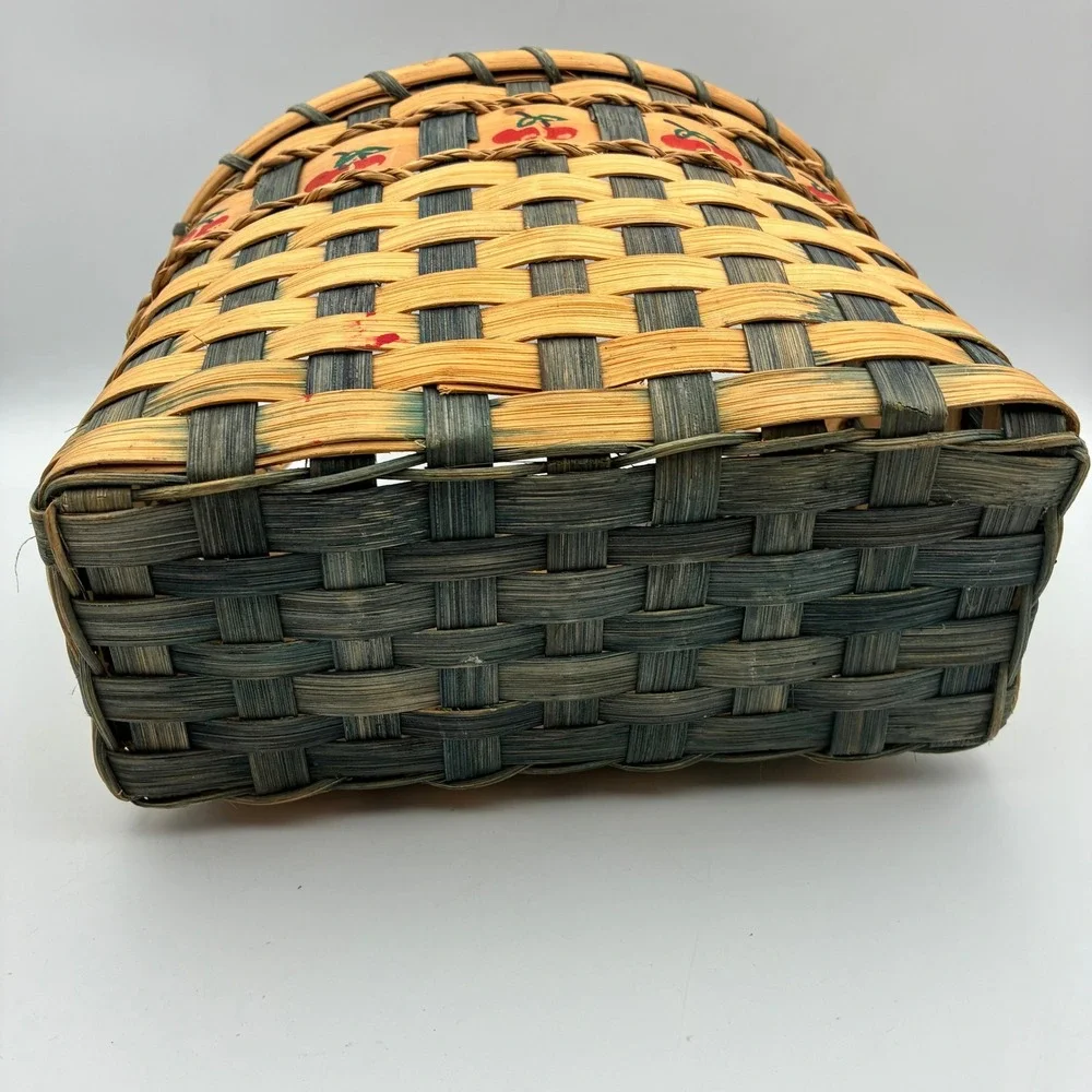 Handcrafted Woven Wood Cherry‎ Print Basket Dual Handle Farmhouse Storage 10x7x6